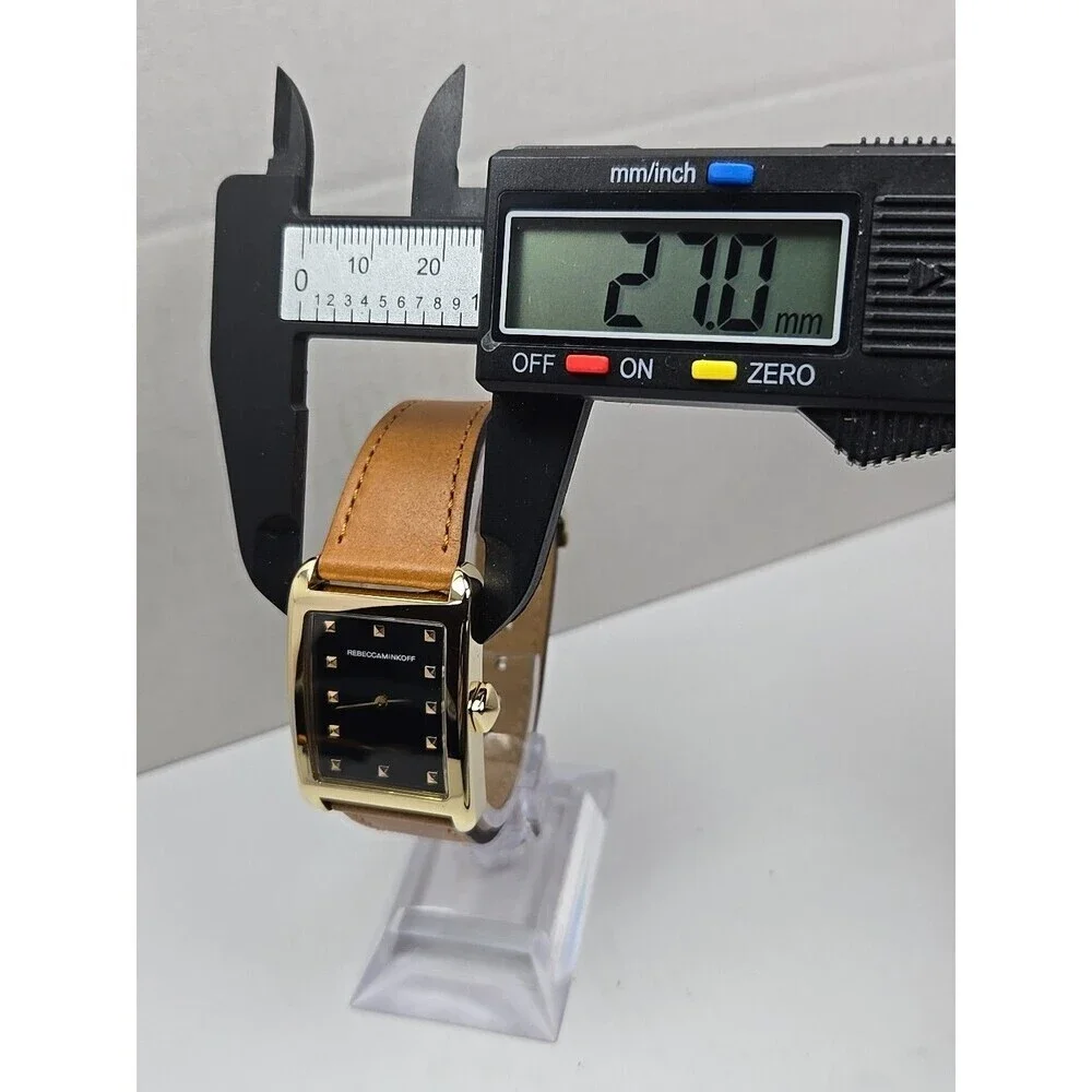 Rebecca Minkoff Womens Black Dial Tank Dress Watch New Battery Gold Tone Leather